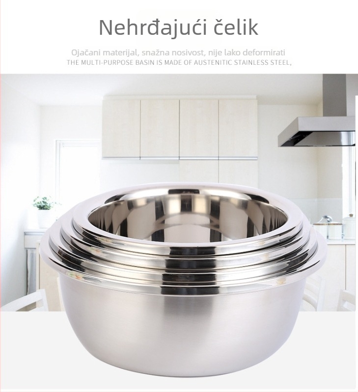 304 nehrđajući čelik, satin završna obrada, veliki zakrivljeni rub, višenamjenska kuhinjska posuda za jaja, salate, pranje voća i povrća (24/26/28/30 cm)