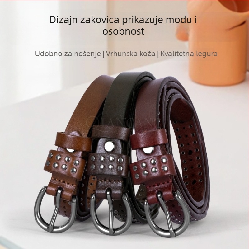 Ženski kaiš od prave kože s dvostrukim nizu zakovica i kopčom s iglom, dekorativni kaiš za hlače