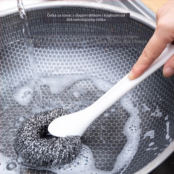 Četka za čišćenje posuđa s dugačkim držalom od nehrđajućeg čelika, namijenjena za željezne lonce, bez oštećenja površine, s metalnom kuglom za čišćenje od 304 čelika.
