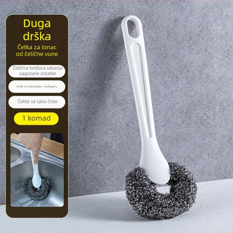 Četka za čišćenje posuđa s dugačkim držalom od nehrđajućeg čelika, namijenjena za željezne lonce, bez oštećenja površine, s metalnom kuglom za čišćenje od 304 čelika.