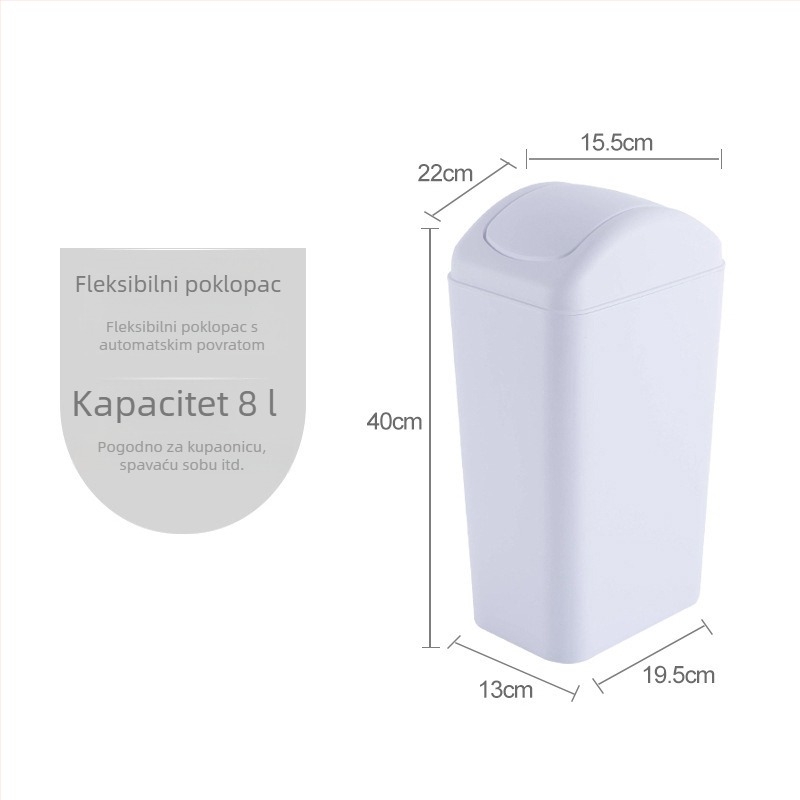 Kućni kantu za smeće s poklopcem na ljuljanje, uski cilindrični dizajn, 8 L, za kupaonicu, dnevni boravak, spavaću sobu i ured
