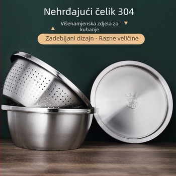 Kuhinjska posuda od nehrđajućeg čelika 304, prehrambene klase, debela, s poklopcem, višestruka namjena za tučenje jaja, mijesanje tijesta, pranje povrća i ocjeđivanje, velika veličina