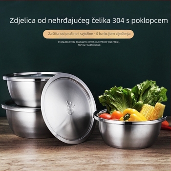 Kuhinjska posuda od nehrđajućeg čelika 304, prehrambene klase, debela, s poklopcem, višestruka namjena za tučenje jaja, mijesanje tijesta, pranje povrća i ocjeđivanje, velika veličina