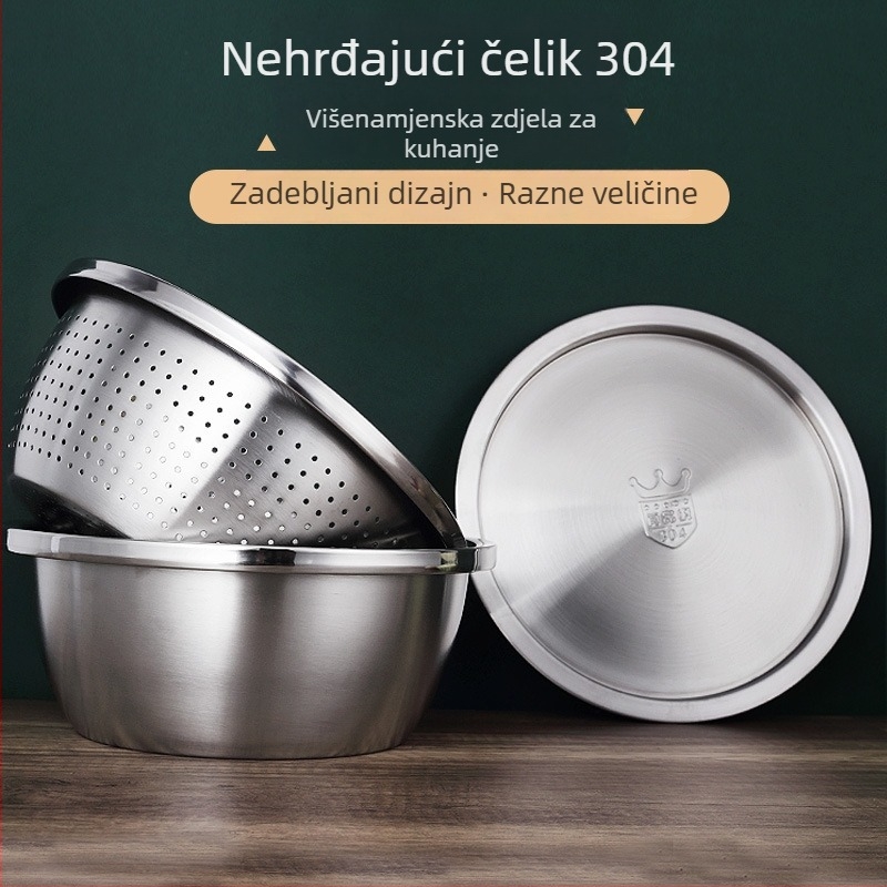 Kuhinjska posuda od nehrđajućeg čelika 304, prehrambene klase, debela, s poklopcem, višestruka namjena za tučenje jaja, mijesanje tijesta, pranje povrća i ocjeđivanje, velika veličina