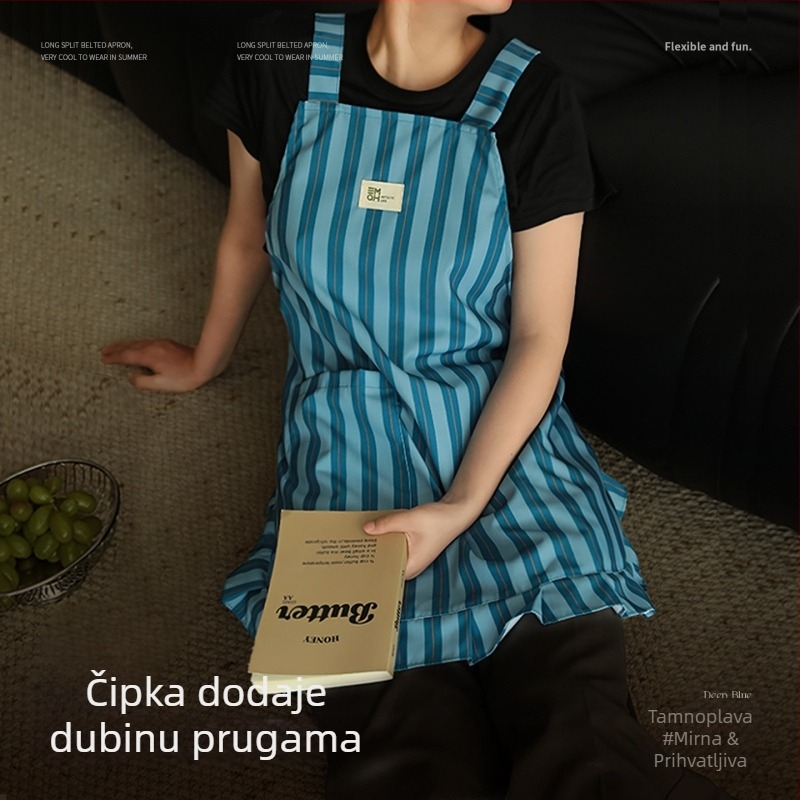 Kuhinja pregača za kućnu upotrebu, 2025 novi model, elegantan ženski stil, otporna na vodu i ulja, japanski stil, pruge, poliester, jedna veličina