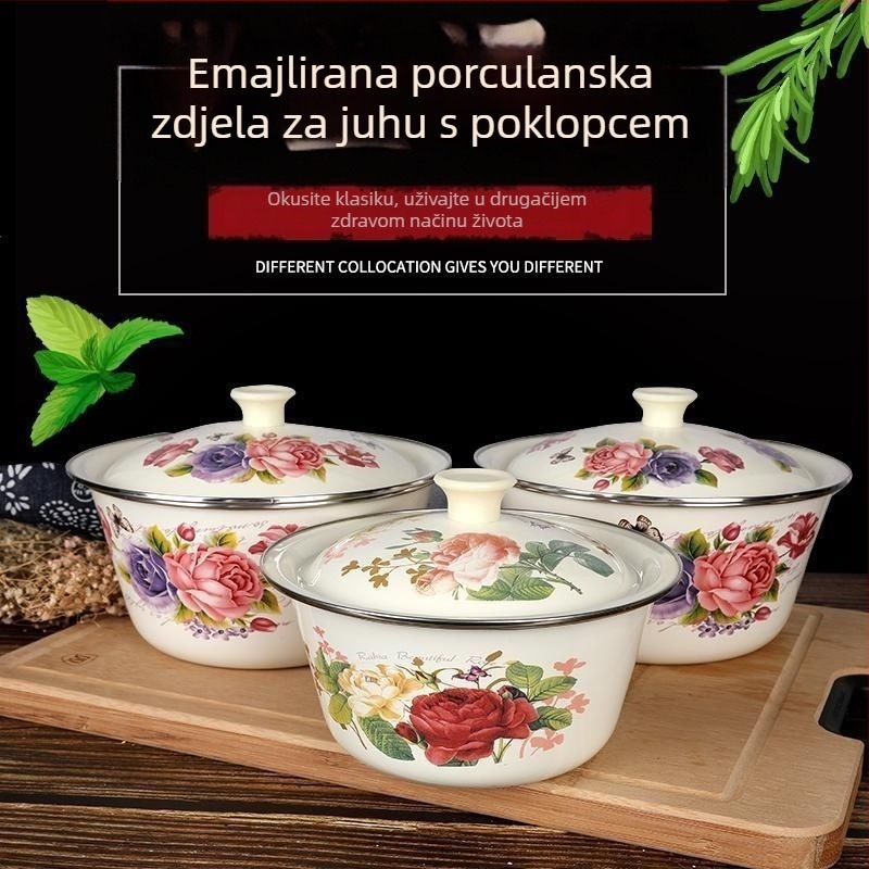 Smaltirana zdjela s poklopcem za svinjski loj, otporna na visoke temperature, za miješanje nadjeva i tijesta, retro smaltirano posuđe