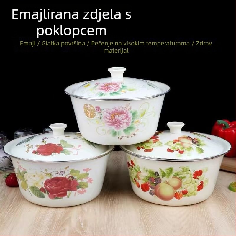Smaltirana zdjela s poklopcem za svinjski loj, otporna na visoke temperature, za miješanje nadjeva i tijesta, retro smaltirano posuđe