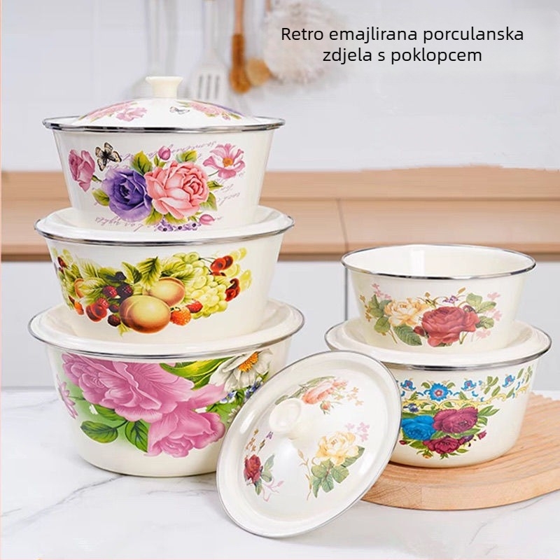 Smaltirana zdjela s poklopcem za svinjski loj, otporna na visoke temperature, za miješanje nadjeva i tijesta, retro smaltirano posuđe