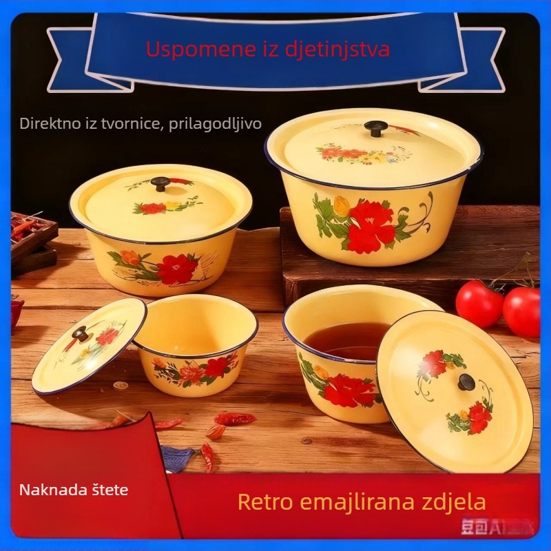 Smaltirana zdjela s poklopcem za svinjski loj, otporna na visoke temperature, za miješanje nadjeva i tijesta, retro smaltirano posuđe