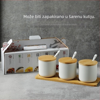 Set keramičkih posuda za začine u Morandi bojama, sa žlicom, poklopcem i bambusovim pladnjem