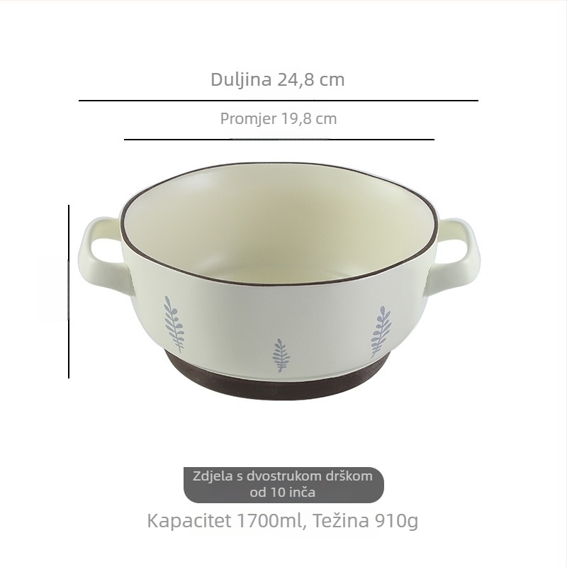 Porcelanska zdjela u japanskom stilu s dvije ručke, velika okrugla zdjela za rezance, juhu, voće i salate, prikladna za mikrovalnu