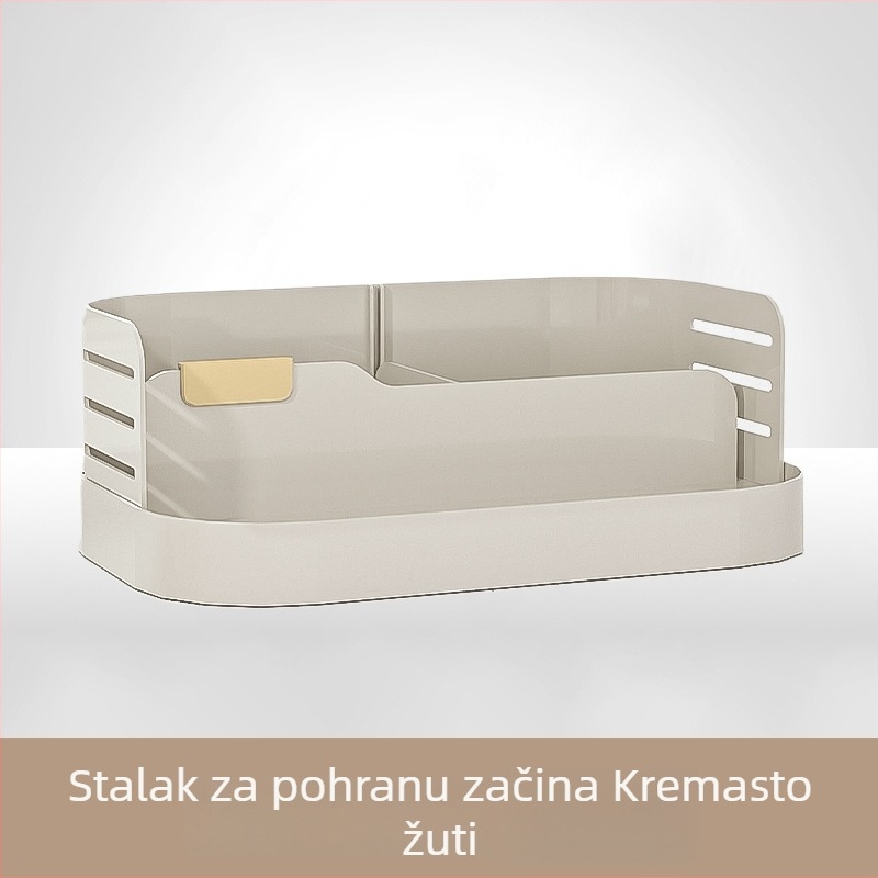 Dvostruki stalak za začine na kuhinjskom pultu s zatvorenim staklenkama ulja, soli, umaka i octa
