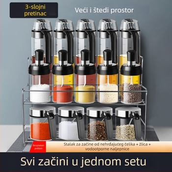 Stakleni set posuda za začine sa solnicom i bocama ulja i octa – kuhinjski set za pohranu