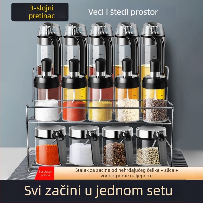 Stakleni set posuda za začine sa solnicom i bocama ulja i octa – kuhinjski set za pohranu