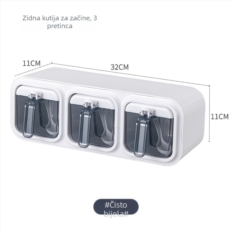 Zidna kutija za začine s žlicom, bez bušenja, set soli i MSG