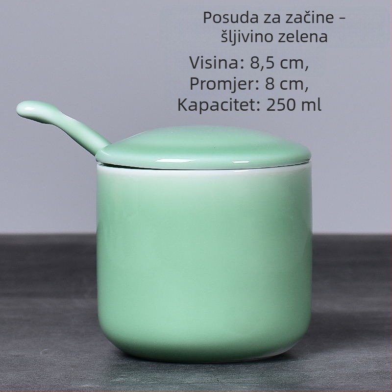 Set od 3 keramičkih posuda za začine s poklopcem i kašičicom, Celadon keramika, za sol, MSG i bijeli šećer