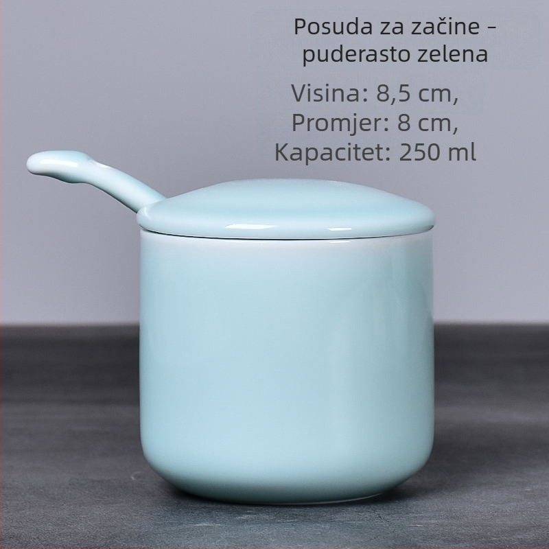 Set od 3 keramičkih posuda za začine s poklopcem i kašičicom, Celadon keramika, za sol, MSG i bijeli šećer
