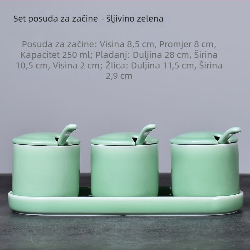 Set od 3 keramičkih posuda za začine s poklopcem i kašičicom, Celadon keramika, za sol, MSG i bijeli šećer
