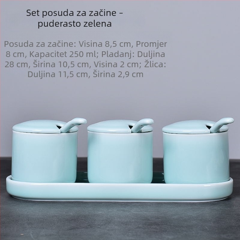 Set od 3 keramičkih posuda za začine s poklopcem i kašičicom, Celadon keramika, za sol, MSG i bijeli šećer