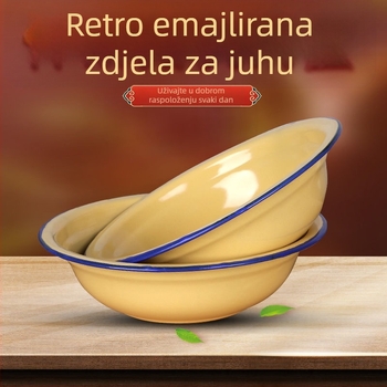 Nostalgična emajlirana zdjela za kućnu upotrebu — okrugla zdjela za juhu i rižu s zakrivljenim rubom, žuta