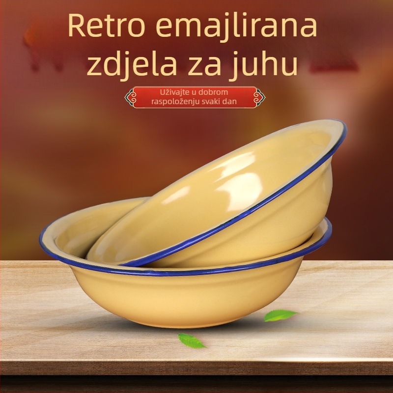 Nostalgična emajlirana zdjela za kućnu upotrebu — okrugla zdjela za juhu i rižu s zakrivljenim rubom, žuta