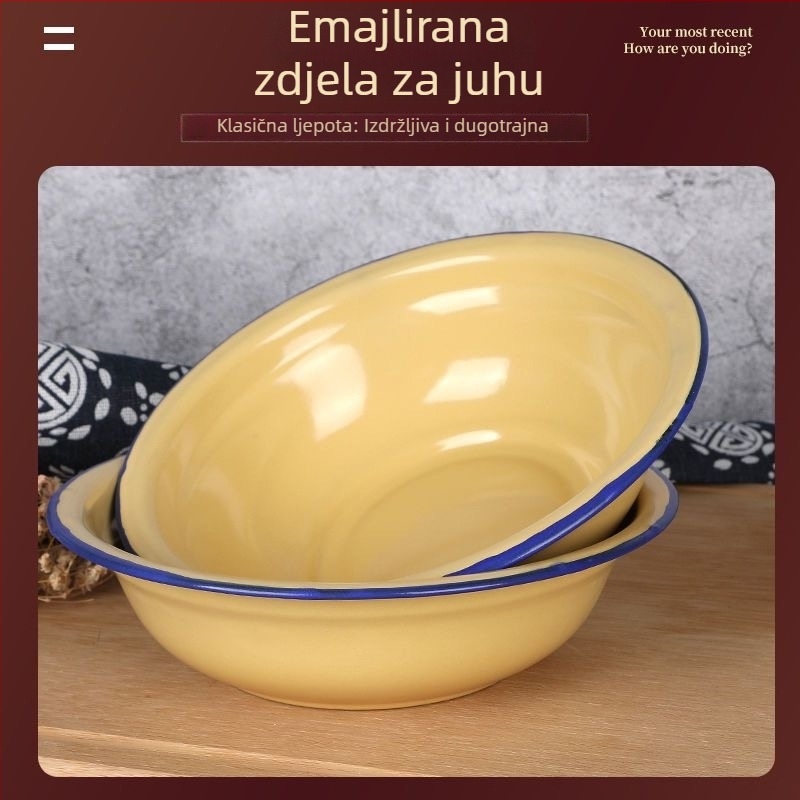 Nostalgična emajlirana zdjela za kućnu upotrebu — okrugla zdjela za juhu i rižu s zakrivljenim rubom, žuta