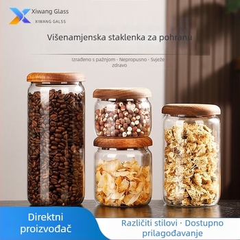 Kućna hermetički zatvorena staklena posuda od borosilikatnog stakla s drvenim poklopcem, za skladištenje sušenog voća, grickalica, začina i džemova u kuhinji