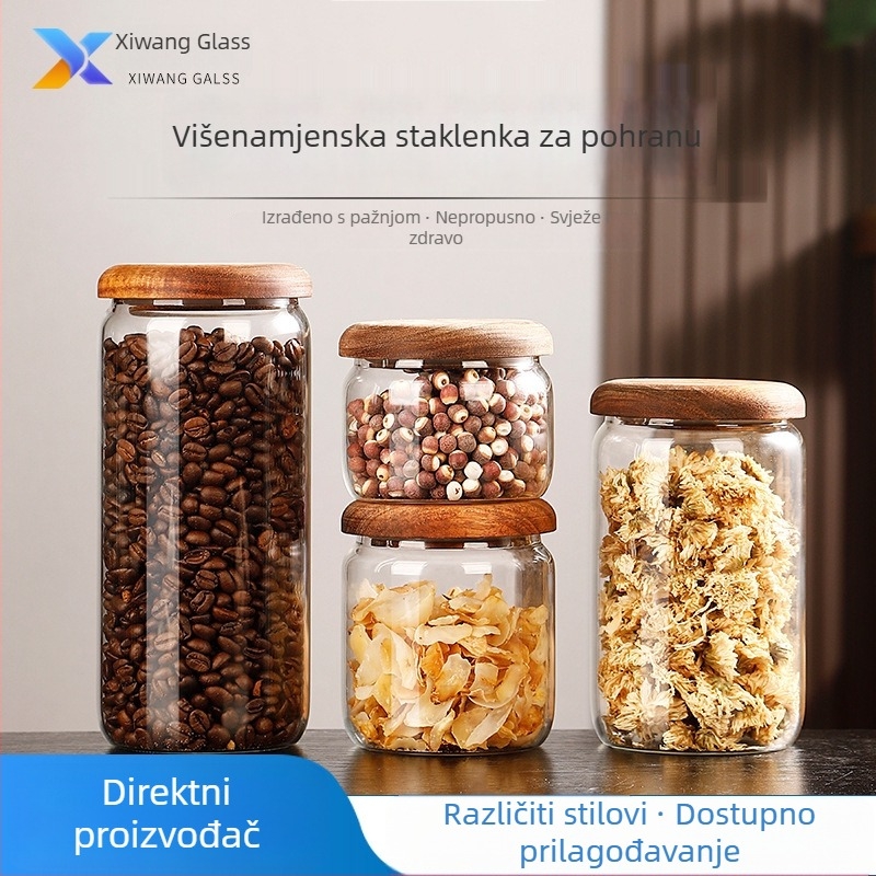Kućna hermetički zatvorena staklena posuda od borosilikatnog stakla s drvenim poklopcem, za skladištenje sušenog voća, grickalica, začina i džemova u kuhinji