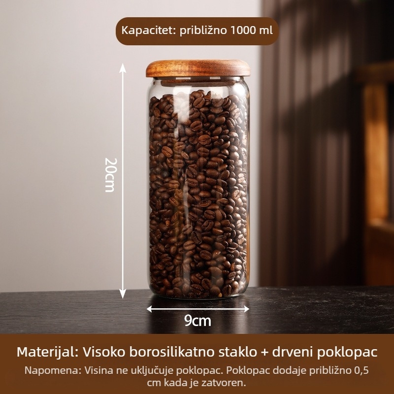 Kućna hermetički zatvorena staklena posuda od borosilikatnog stakla s drvenim poklopcem, za skladištenje sušenog voća, grickalica, začina i džemova u kuhinji