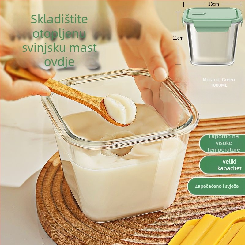 Zakrivljena staklena posuda za skladištenje svinjske masti, s poklopcem, za kućnu kuhinju, hladnjak siguran, velika kapacitet, otporno na visoke temperature, staklo borosilikata, 2,1–3 L