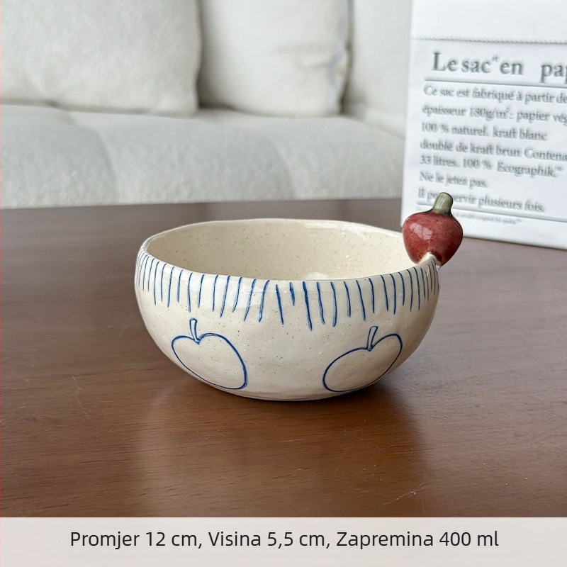 Retro keramička zdjela i tanjur s motivom malog jabuka, ručno oslikani rustikalni keramički set; zdjela za desert, zdjela za voće, zdjela za juhu, kućna zdjela za jelo, zdjela za jogurt i zobene pahuljice.