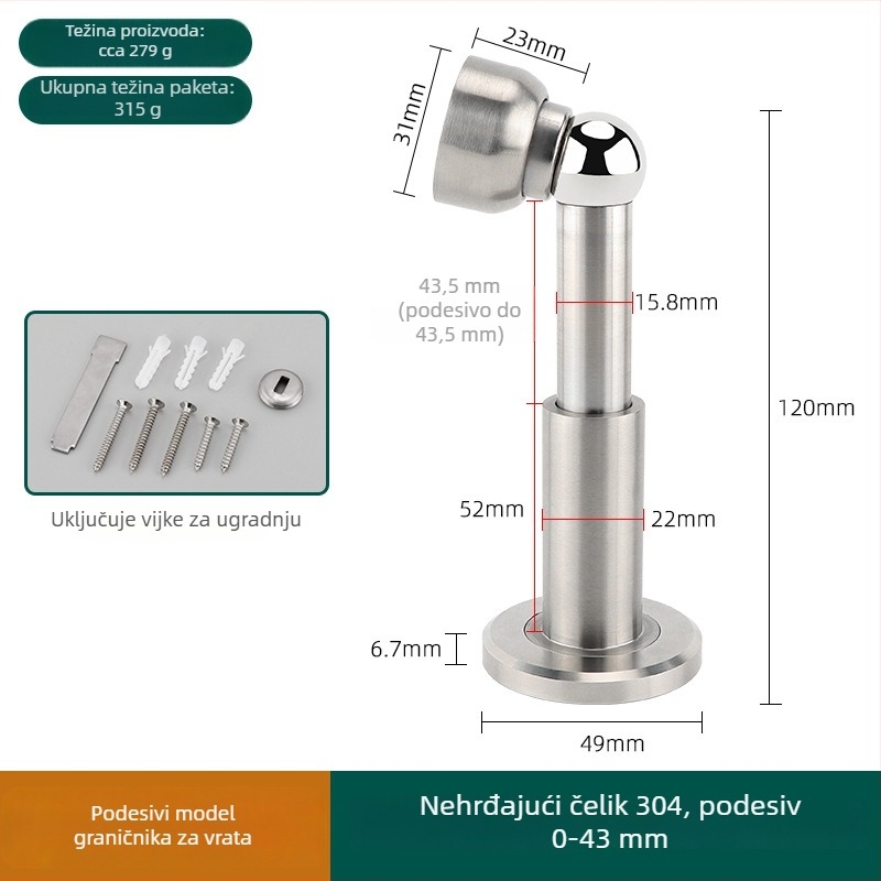 304 nehrđajući čelik, prilagodljivi magnetski držač vrata sa zidnim montiranjem, produženi gornji dio za kupaonicu