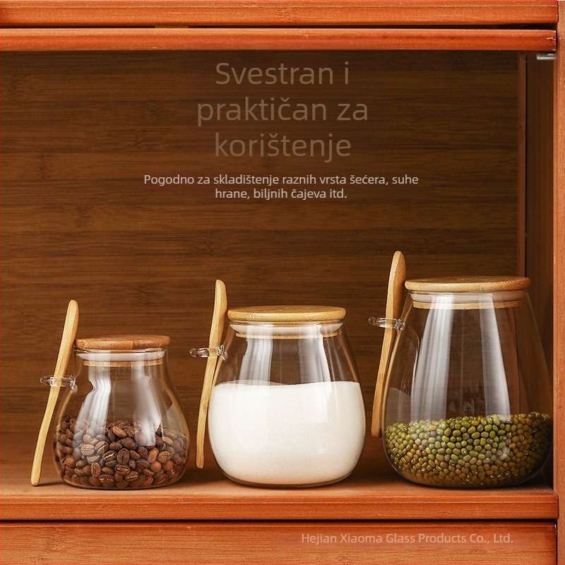 Staklena posuda za čaj sa žličicom, staklo od borosilikata, hermetički zatvorena, za grickalice, suho voće i šećer