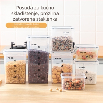 Veliki plastični kuhinjski spremnik s hermetičkim zatvaranjem, četvrtastog oblika, za žitarice, orašaste plodove i suho voće; čuva svježinu.