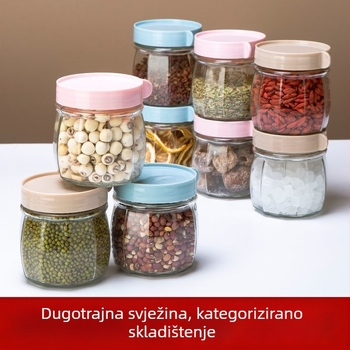 Staklena posuda s hermetičkim zatvaranjem za skladištenje orašastih plodova, kristalnog šećera i papra
