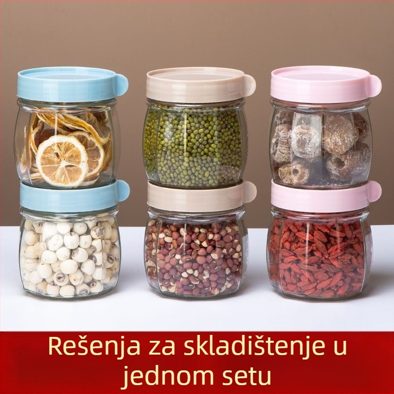 Staklena posuda s hermetičkim zatvaranjem za skladištenje orašastih plodova, kristalnog šećera i papra