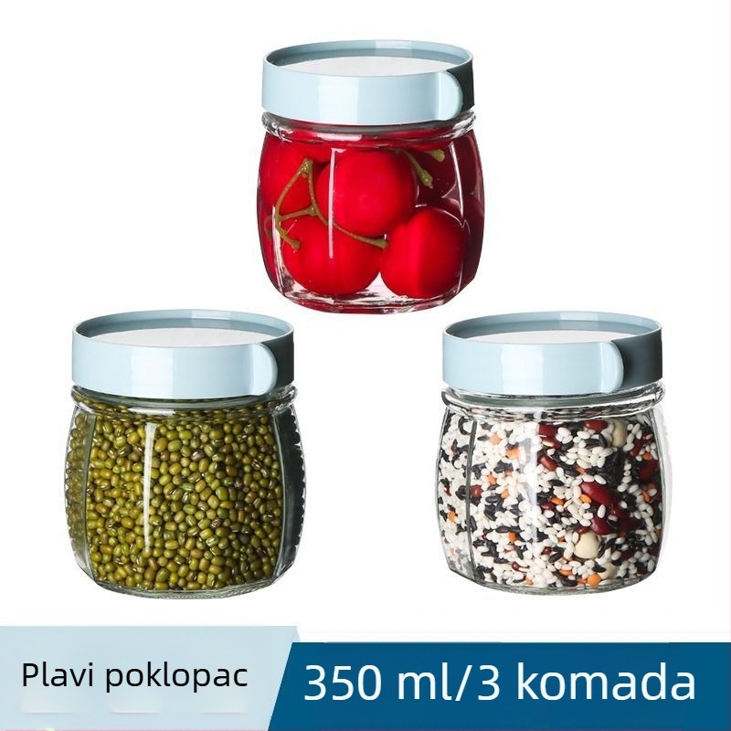 Staklena posuda s hermetičkim zatvaranjem za skladištenje orašastih plodova, kristalnog šećera i papra