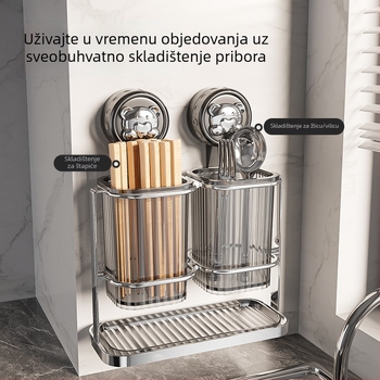 Držač za štapiće i žlice od nehrđajućeg čelika, zidni bez bušenja, s usisnom čašom i odvodnim stalkom