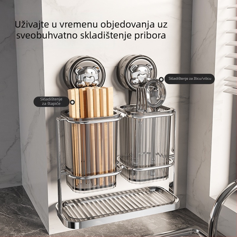 Držač za štapiće i žlice od nehrđajućeg čelika, zidni bez bušenja, s usisnom čašom i odvodnim stalkom