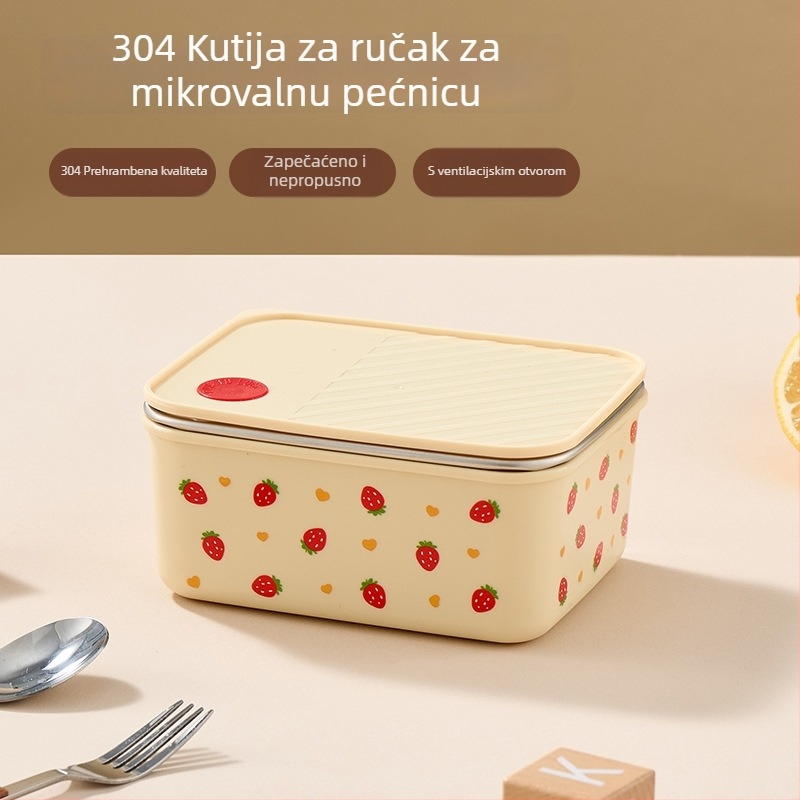 Kutija za ručak od 304 nehrđajućeg čelika s poklopcem, izolirana i zatvorena, četvrtastog oblika, 800–1000 ml, sladak karikaturistički stil, za studente