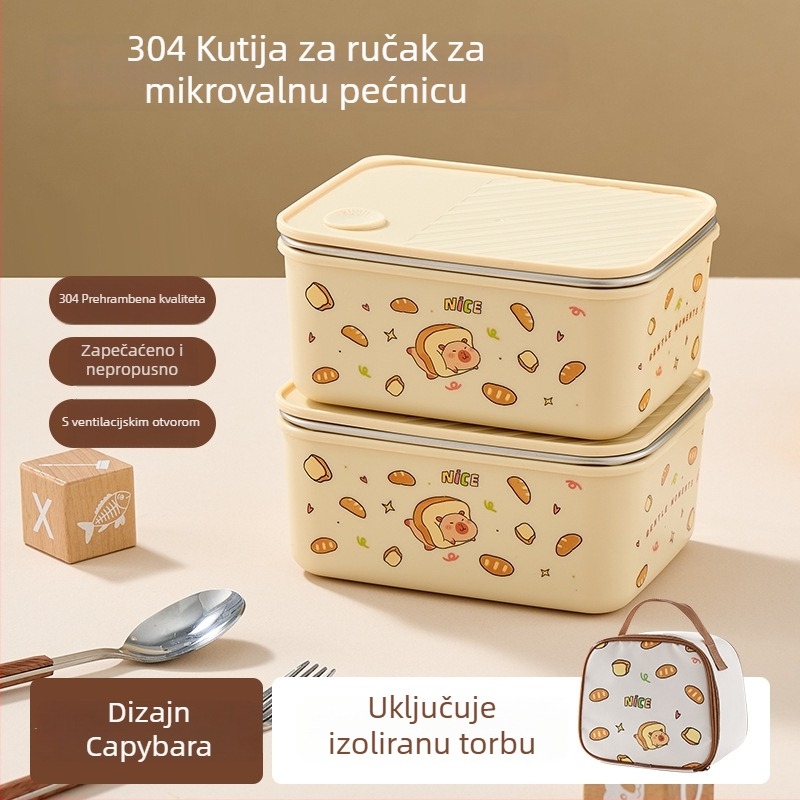 Kutija za ručak od 304 nehrđajućeg čelika s poklopcem, izolirana i zatvorena, četvrtastog oblika, 800–1000 ml, sladak karikaturistički stil, za studente