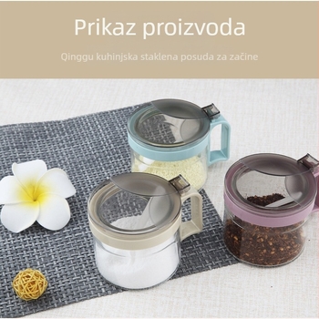 Staklena posuda za začine sa žličicom i postoljem, višekomorni kuhinjski spremnik za čvrste začine