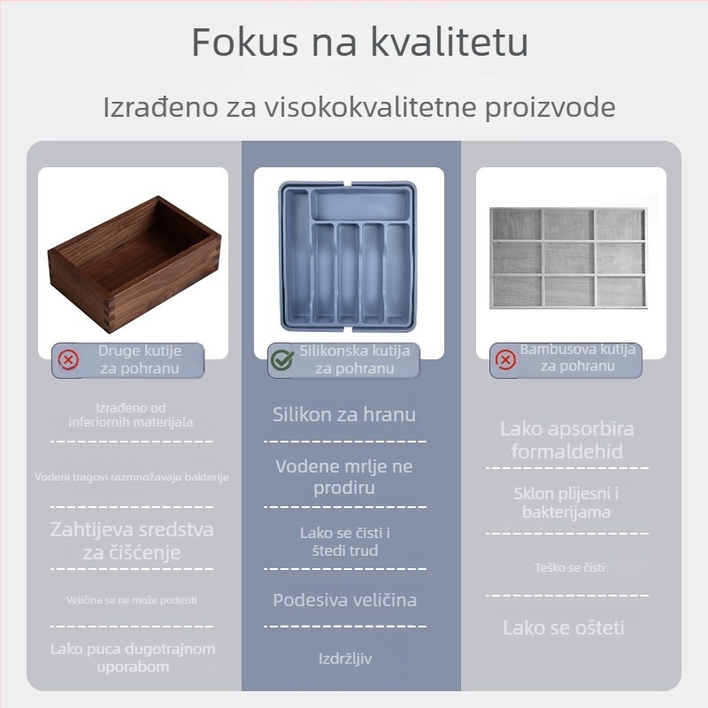 Silikonska kutija za pohranu posuđa s odjeljcima za noževe, vilice i štapiće – kuhinjski organizator