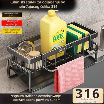 Kuhinjski stalak od nehrđajućeg čelika s odvodnom pločom i pretincem za krpe za sudoperu