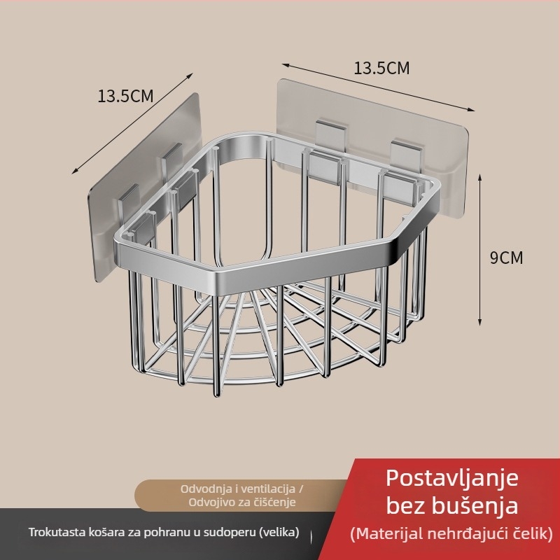Nerđajući čelični kutni držač za spužve na kuhinjskom sudoperu, bez bušenja, trokutasti odvodni stalak za kupaonicu