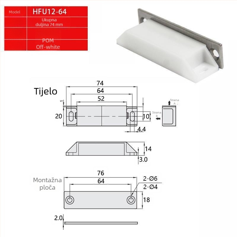 Magnetska hvataljka za vrata ormara, plastično tijelo s aluminijskim kućištem