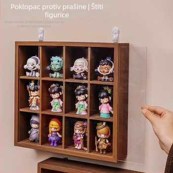 Drveni stalak za skladištenje i izlaganje Blind Box s uzorkom orahovog drveta, otporan na prašinu, zidni bez bušenja, 12 pretinaca, novi kineski stil