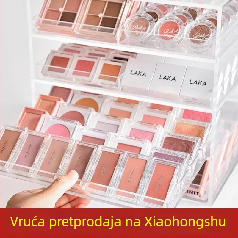 Akrilni kozmetički organizator s poklopcem i odjeljcima za ruž, sjenilo i rumenilo; zaštita od prašine, moderan minimalistički dizajn s kariranim uzorkom, kapacitet 12 L.