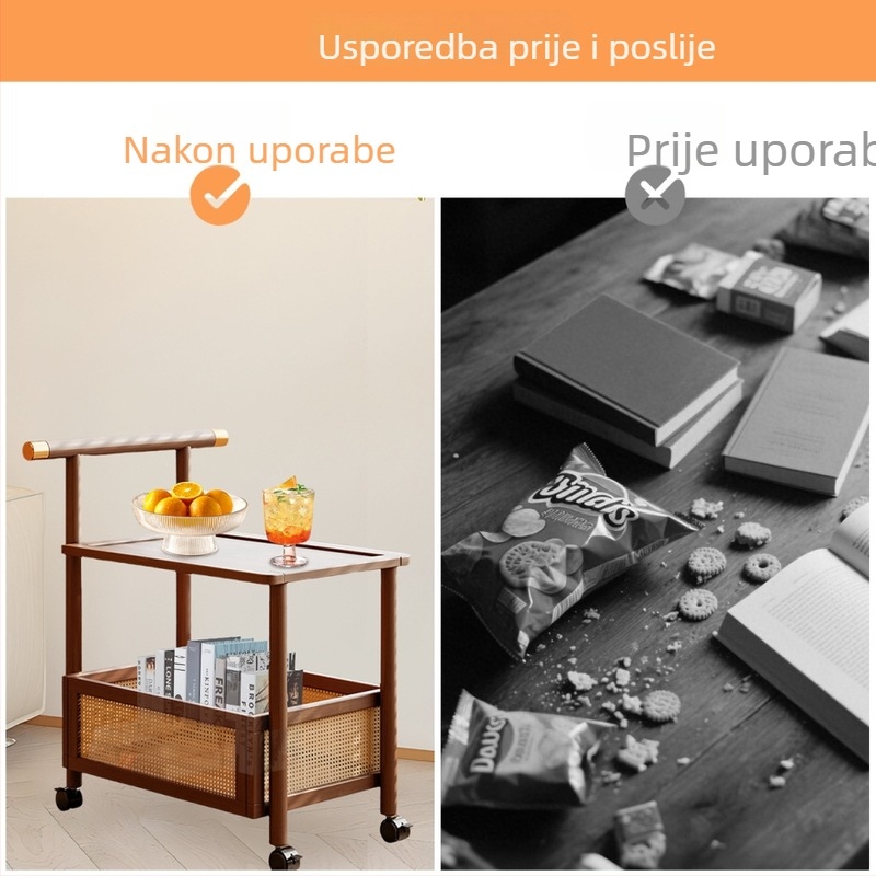 Prijenosni bambus kolica za pohranu s kotačićima, dvodijelni retro stol za kavu, bočni ormar uz kauč i noćni ormarić, stalak za grickalice