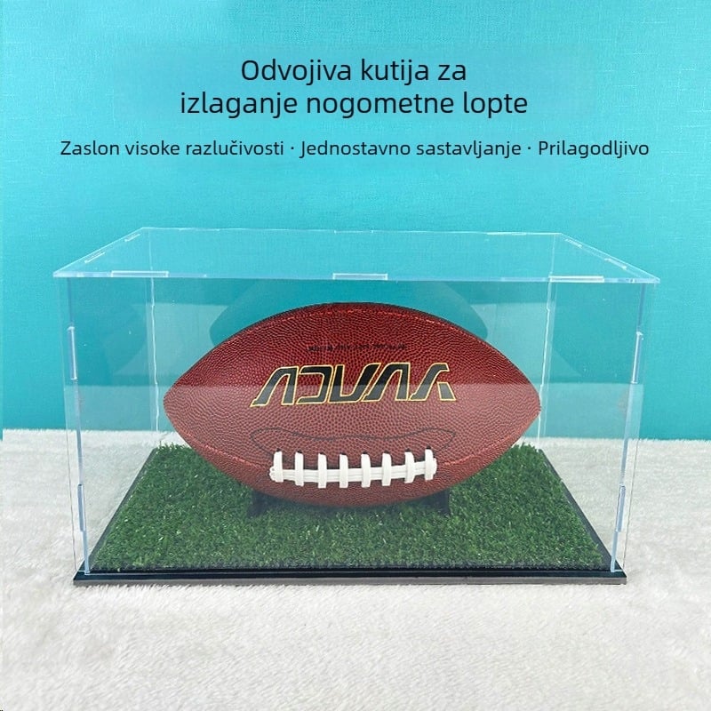 Akrilna izložbena kutija za nogomet, prozirna, s odvojivom podlogom od umjetne trave